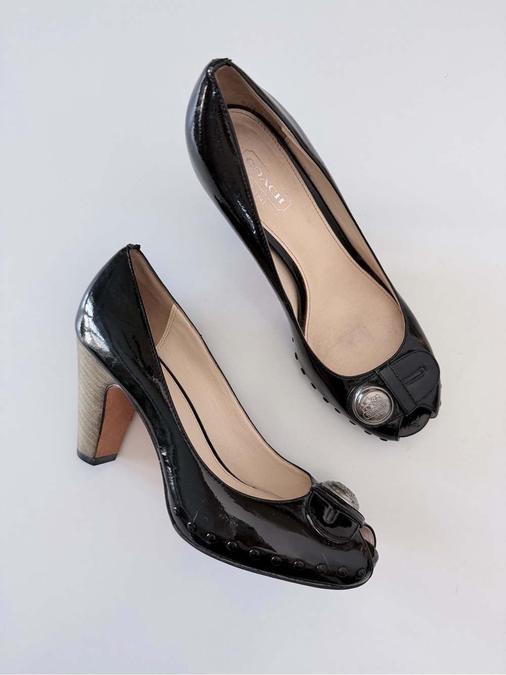 Coach Hannah Black Patent Leather Peep-Toe Block Heels Size 6